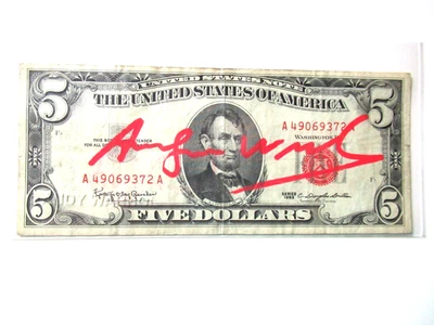 A. WARHOL: 5$ echte Dollarnote  in Farbe rot Original SIGNIERT VON WARHOL - Bild 1 von 4