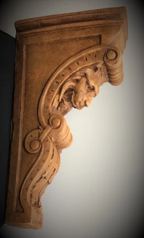 PAIR NARROW LION FACE SCROLL CORBEL BRACKETS ARCHITECTURAL ACCENT WOOD STAINED Cover