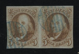 US Scott #1 Horizontal Pair, Used-VF PERFECT Blue Cancels - Great Margins - Picture 1 of 2