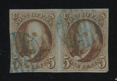 Scott #1 Incredible Horizontal Pair, Used-VF PERFECT Blue Cancels Great Margins - Image 1 of 2