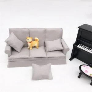 1: 12 Mini Dollhouse Three Person Sofa Grey Sofa With Three Pillows - Picture 1 of 4
