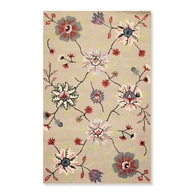 5' x 8' Handmade Wool Loop Pile Floral Traditional Oriental Area Rug 5x8 Taupe - Image 1 of 4