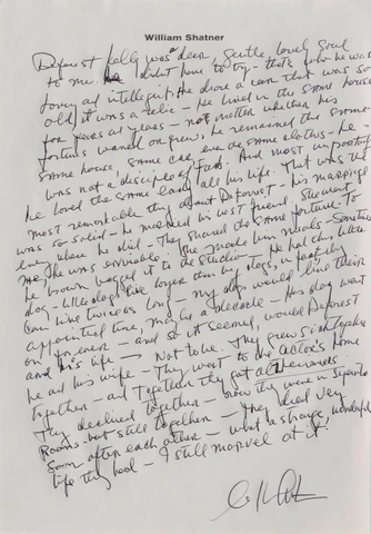William Shatner Signed Essay re DeForest "Bones" Kelley Cover