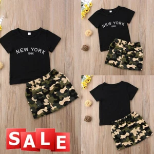 Toddler Baby Girls Camouflage Outfits Clothes Black Letter Tops T-Shirt + Skirt - Picture 1 of 7