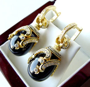 OUTSTANDING EARRINGS MADE OF STERLING SILVER 925 ENAMEL with GENUINE ONYX - Picture 1 of 1