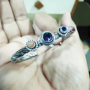 Amethyst, Opal & Tansanit Edelstein 925 Sterling Silber Handarbeit Armreif - Bild 1 von 6
