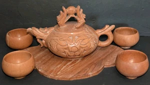 Vintage Chinese Shoushan Carved Natural Stone Teapot Tea Set - Picture 1 of 6