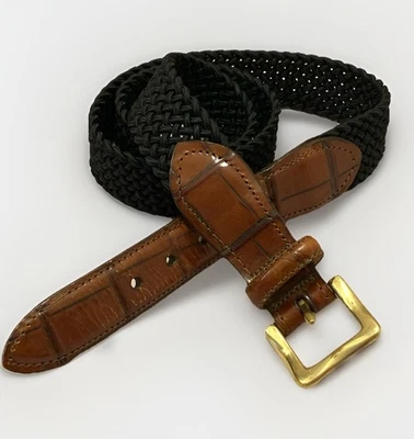 Martin Dingman Belt Mens 34 Black Braided Leather Solid Brass Buckle VTG Prep US - Image 1 of 4