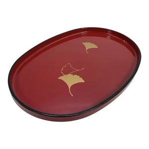 Vintage Japanese Red Lacquerware Oval Tray with Gold Ginkgo Leaves - Picture 1 of 7
