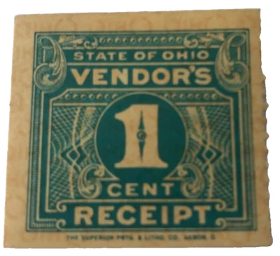 Vintage 1930s Ohio Vendor's 1c Receipt Prepaid Sales Tax Superior Litho Arkron - Image 1 of 2
