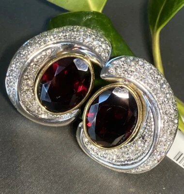 Vintage Diamond Cocktail Earrings Garnet Estate Fine Jewelry 18K Gold XXL - Image 1 of 4