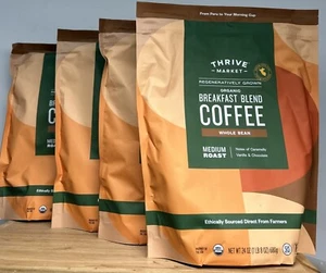 4 Bags Thrive Market Brand Organic Breakfast Blend Whole Bean Coffee 24oz Each - Picture 1 of 5