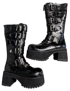 Demonia Tall Patent Leather Platform Black Boots Men’s 12 Goth Emo Metal Club - Picture 1 of 16
