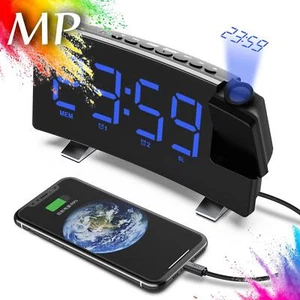 DE LED FM Radiowecker mit Projektion Digital Funkuhr Dimmbar Tischuhr Alarm USB - Bild 1 von 16