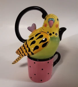 Babs Ceramic Parakeet Budgie Teapot & Teacup  Green Yellow Pink Black - Picture 1 of 5