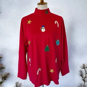 Vtg Designers Originals Women's Tee Shirt Plus 1X Red Embroidered Christmas - Picture 1 of 18