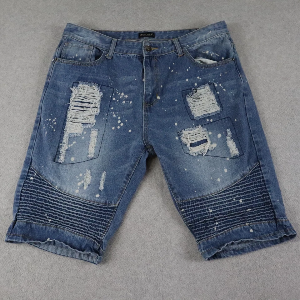 Pantalones Cortos de Jean Negros con Hebilla para Hombres 38 Premium Moto 5 Bolsillos Azul Denim Envejecido Foto 1 de 4