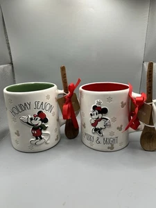 Rae Dunn Disney Mickey And Minnie Mouse Mug Set With Spoons CHRISTMAS 2025 NEW - Picture 1 of 8
