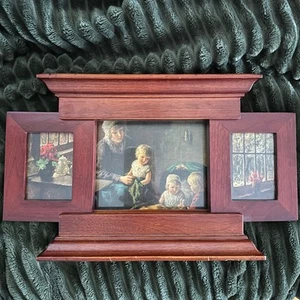 Vintage Wooden Picture Frame 3 Photos  Standing Mother Children Moody Artwork - Picture 1 of 4