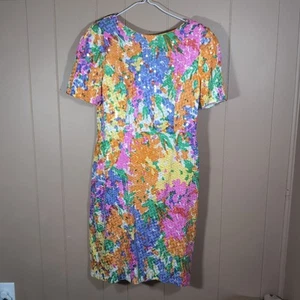 A.J. Bari Pailletten Seidenkleid Größe 12 Vintage Drapierter Rücken Mehrfarbig Abstrakt - Bild 1 von 10