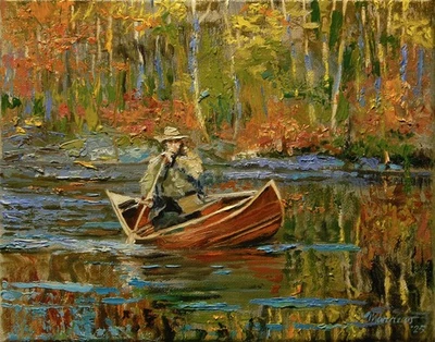 Hand Painted Oil Painting Landscape Man On Canoe Fall 8x10" stretched canvas COA - Image 1 of 4