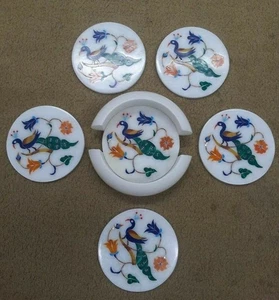 Peacock Art Coaster Set with Inlay Work 4.5 Inches Marble Wine Glass Holder - Picture 1 of 4