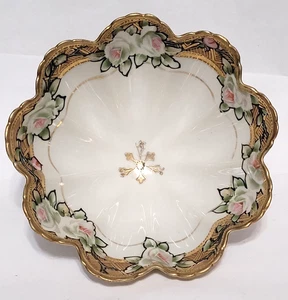 Antiguo plato de caramelo NIPPON Morimura rosa pintada a mano de 3 patas dorado elevado - Imagen 1 de 8