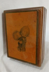 Precious Moments Wooden Playing Card Box w/ Lid 2 Decks Blue Velvet Lining 1971 - Picture 1 of 16