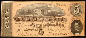 1864 CONFEDERATE $5.00 NOTE FROM F.W.MAHOOD ESTATE. OTEY'S BATTERY. CIVIL WAR. - Picture 1 of 2