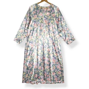 Christian Dior XL Vintage 80s-90s Nightgown Peignoir Long Satin Floral Blue Pink - Picture 1 of 9