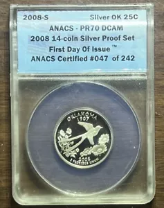 2008 "S" Proof "OKLAHOMA" State SILVER Quarter 25c ANACS PR70 DCAM #047 FDOI - Picture 1 of 2