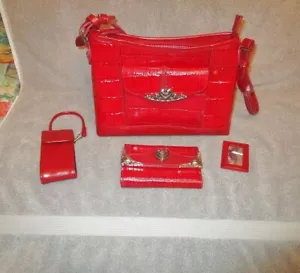 Rote LEDER Schultertasche Tasche GELDBÖRSE Spiegel 4 STÜCK Organizer KROK Vintage - Bild 1 von 12