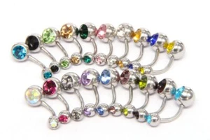20x Stainless Steel Belly Bars DOUBLE CRYSTAL Gem Ball Navel Piercing Jewellery - Picture 1 of 4