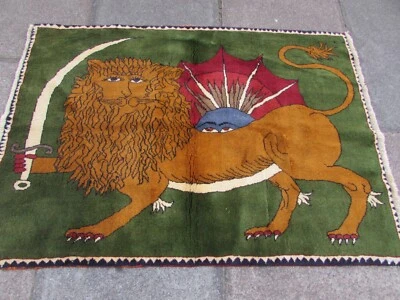 Vintage Traditional Hand Made Oriental Gabbe Wool Green Rug 142x102 Animal Lion - Image 1 of 4