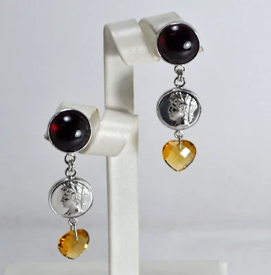 ORECCHINI ARGENTO 925 GRANATO LISCIO CUORI CITRINO FACCETTATO           AGHT 033 - Immagine 1 di 3