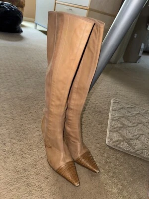 Vintage CHANEL Botas Altas Cuero Gamuza Marrón Claro 38.5 Tacón Madera Foto 1 de 4