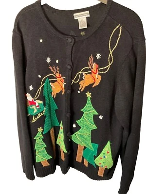 Investments XL Black Christmas Sweater With Santa & Reindeer Embroidery - Image 1 of 4