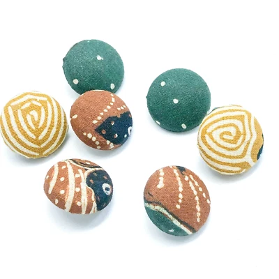 Set Of Eight Vintage Linen Fabric Self Cover Shank Buttons Green Mustard & Brown - Image 1 of 4
