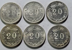 1937-1943 MEXICO 20 Centavos 720 Silver Gem BUnc *6* Coin Set ~ Eagle Cap & Rays - Picture 1 of 14