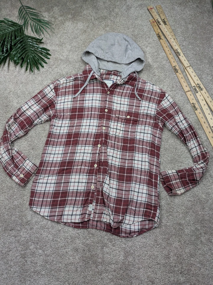 American Eagle Hooded Flannel Jacket Mens M Medium Red Plaid Button Super Soft - Image 1 of 4
