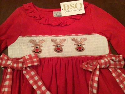 DSO Boutique Girl's SZ 5 Christmas Smocked Embroidered Reindeer Dress Bows NWT! - Image 1 of 3