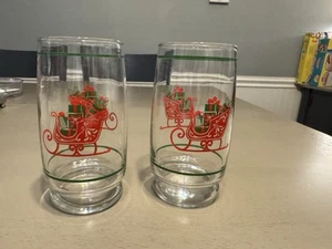 Glasses Beverage Set Of 2 Vintage Christmas Santa Sleigh 1985 J.C. Penney - Picture 1 of 6