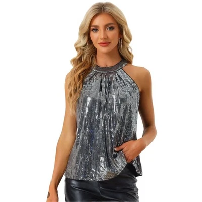 Allegra K Silver Sequin Sleeveless Halter Top Party Tank Top Womens Size L NWT - Image 1 of 4