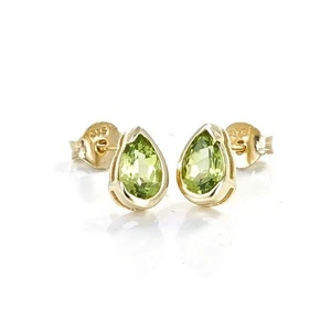 Orecchini peridoto oro 9 ct borchie verdi solitario a filo pietre naturali design UK - Foto 1 di 11