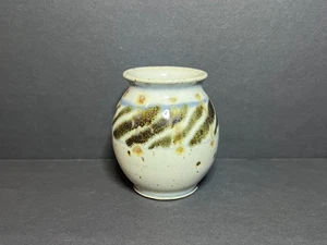 Decorative Small Grey, Blue & Brown Hand Painted Glazed Pottery Art Vase 2.5" - Picture 1 of 5