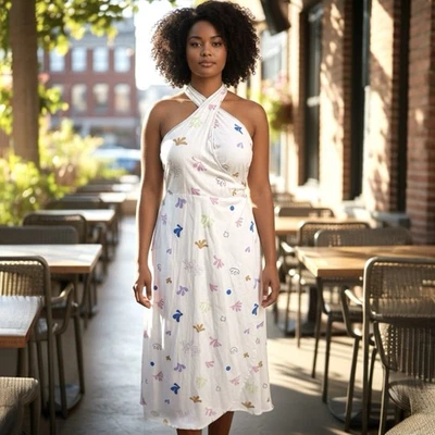 COTTON ON Linen Blend Pastel Print Halter Wrap Midi Dress Size 16 New with tags - image 1 of 4