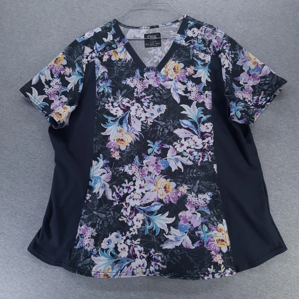 Cherokee iFlex Scrub Shirt Womens XL Black Floral V-Neck CK641 Stretch Pockets - Image 1 of 4