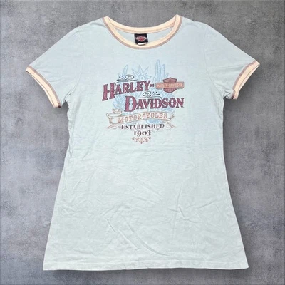 Camiseta feminina vintage Y2K Harley Davidson motocicleta feita nos EUA azul claro GG - Imagem 1 de 4