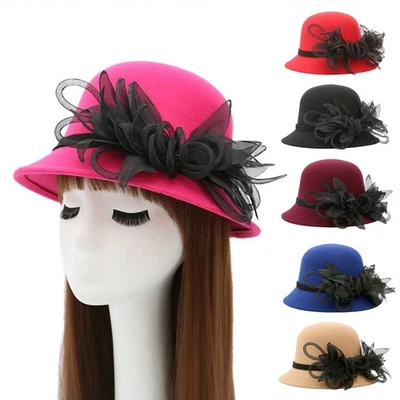 Женщин котелок шляпа, 1920-х винтажный цветок войлок Fedora Cloche шляпа церкви ведро крышка - Изображение 1 из 4