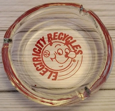 Reddy Kilowatt Clear Glass Round Ashtray 4.25" Electricity Recycles Head RARE - Image 1 of 4